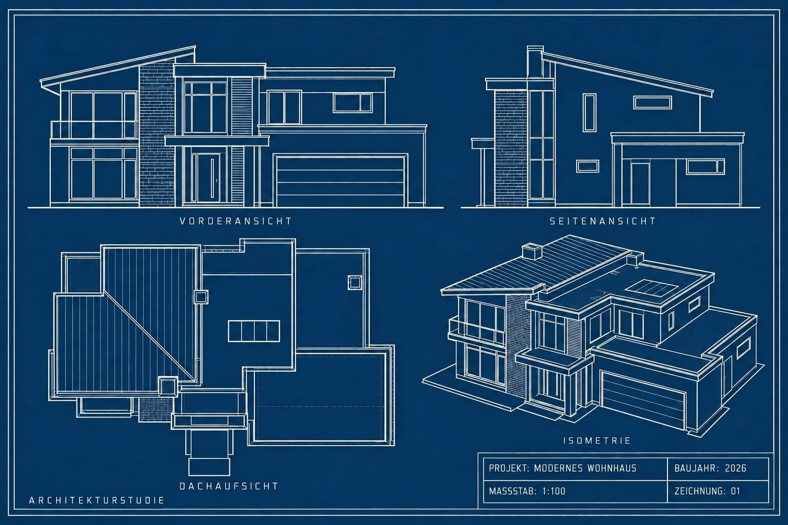 Blueprint-style drawing study: front elevation, side elevation, roof plan and isometric view of a modern house at 1:100 scale
